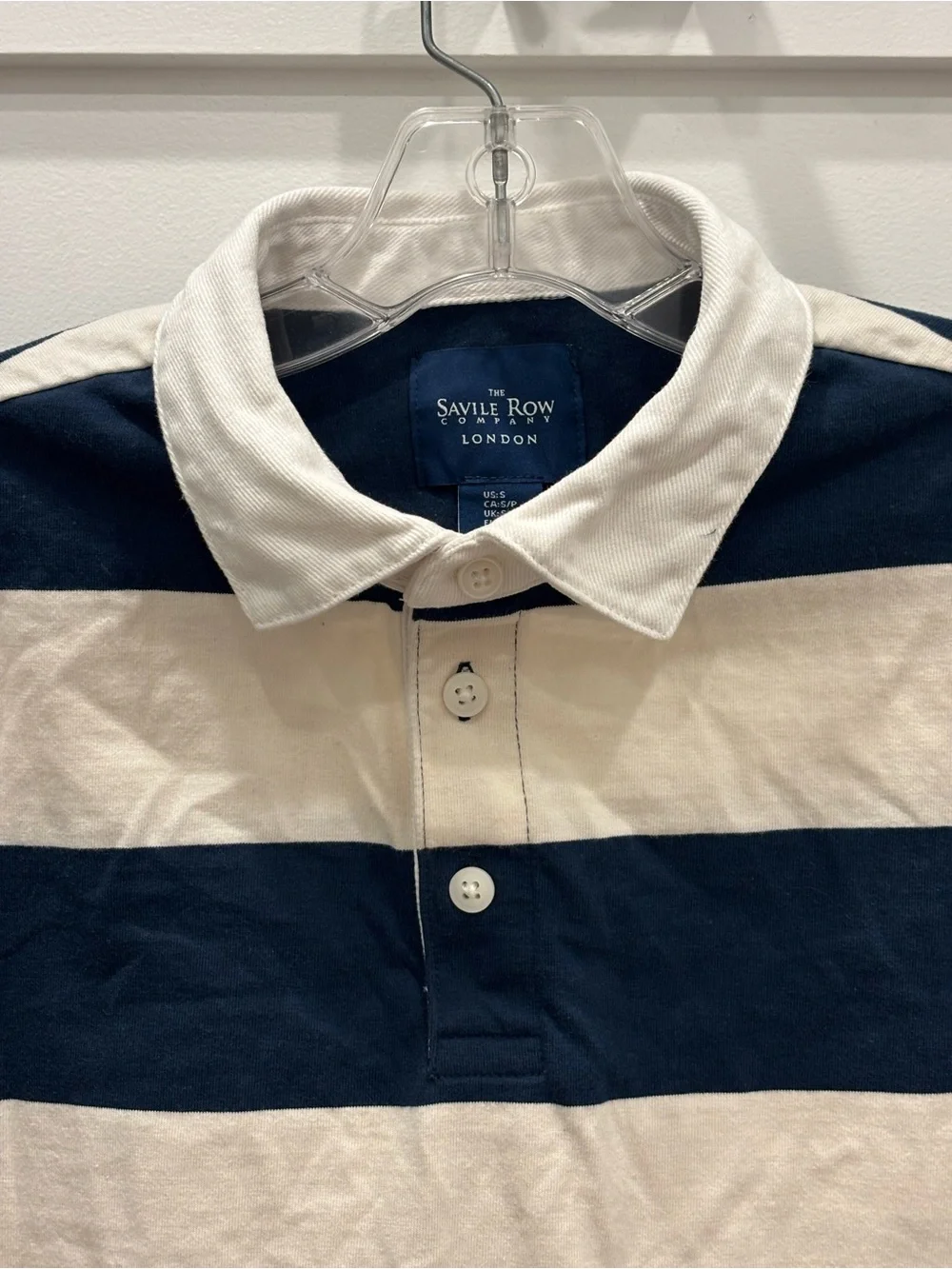 Savile Row London Navy & White Striped Long-Sleeve Rugby Polo